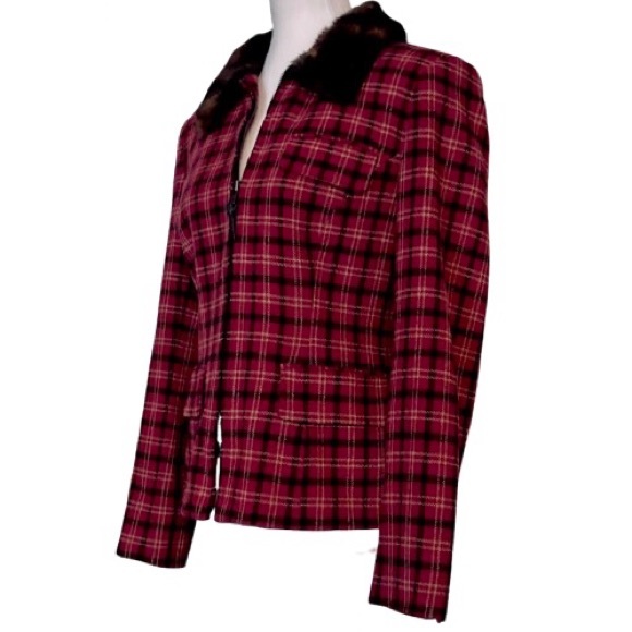 Vintage Wool Ralph Lauren Plaid Jacket Faux Fur Collar Red Sz 6 Small Blazer - Picture 9 of 12